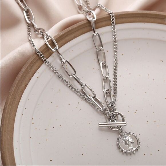 Necklace double chain Coin Silver Alloy versatile cute - Picture 1 of 7